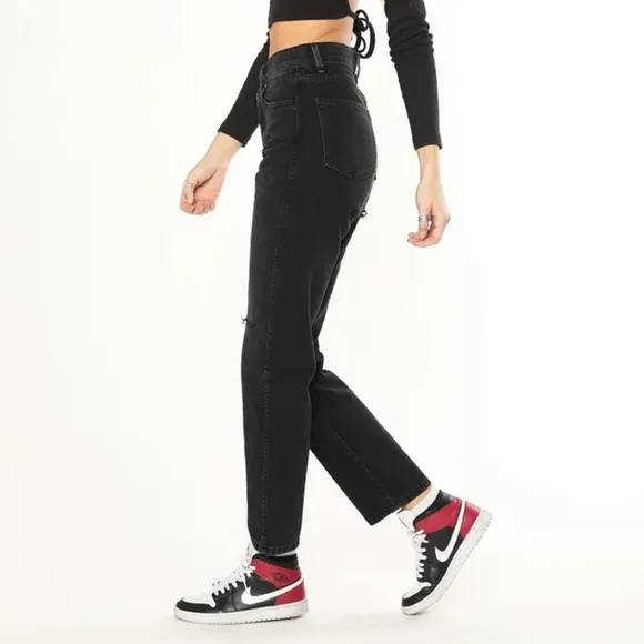 REVICE Ex-Boyfriend Ripped High Waisted Straight Leg Jean Black SZ 24 NWT