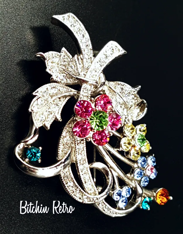 Rhinestone Flower Brooch Retro Pink and Blue Floral Pin