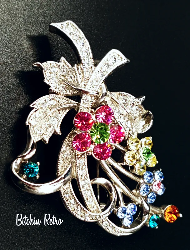 Rhinestone Flower Brooch Retro Pink and Blue Floral Pin
