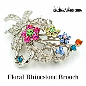 Rhinestone Flower Brooch Retro Pink and Blue Floral Pin