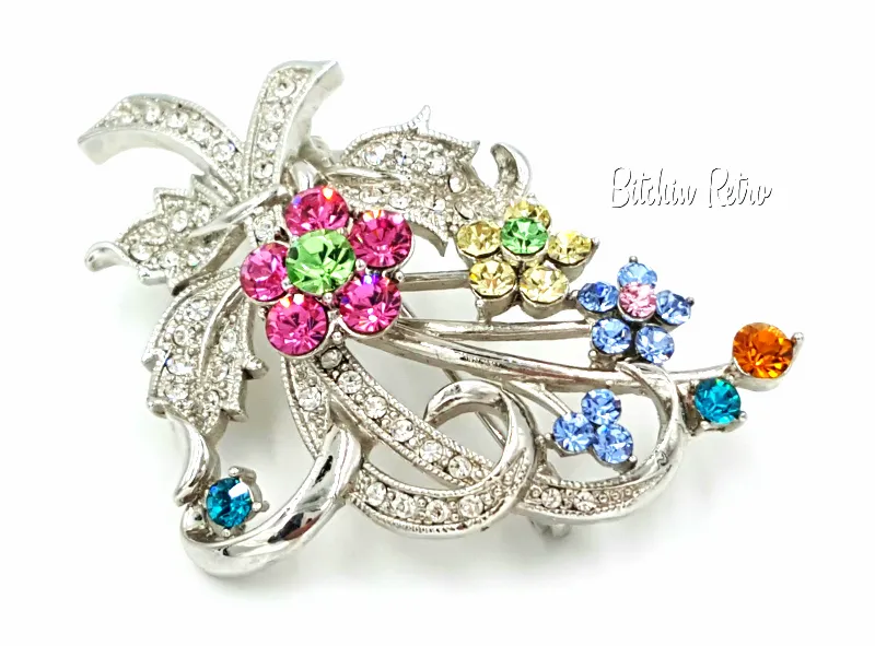 Rhinestone Flower Brooch Retro Pink and Blue Floral Pin