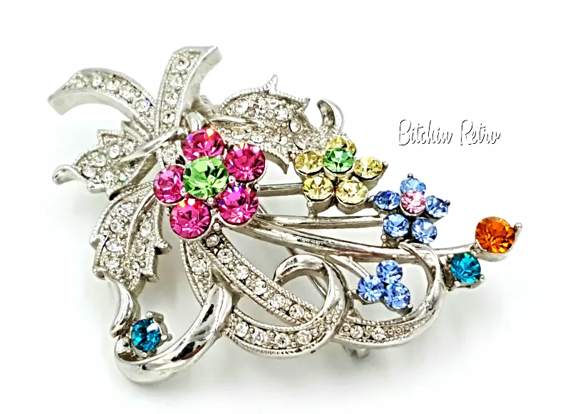 Rhinestone Flower Brooch Retro Pink and Blue Floral Pin