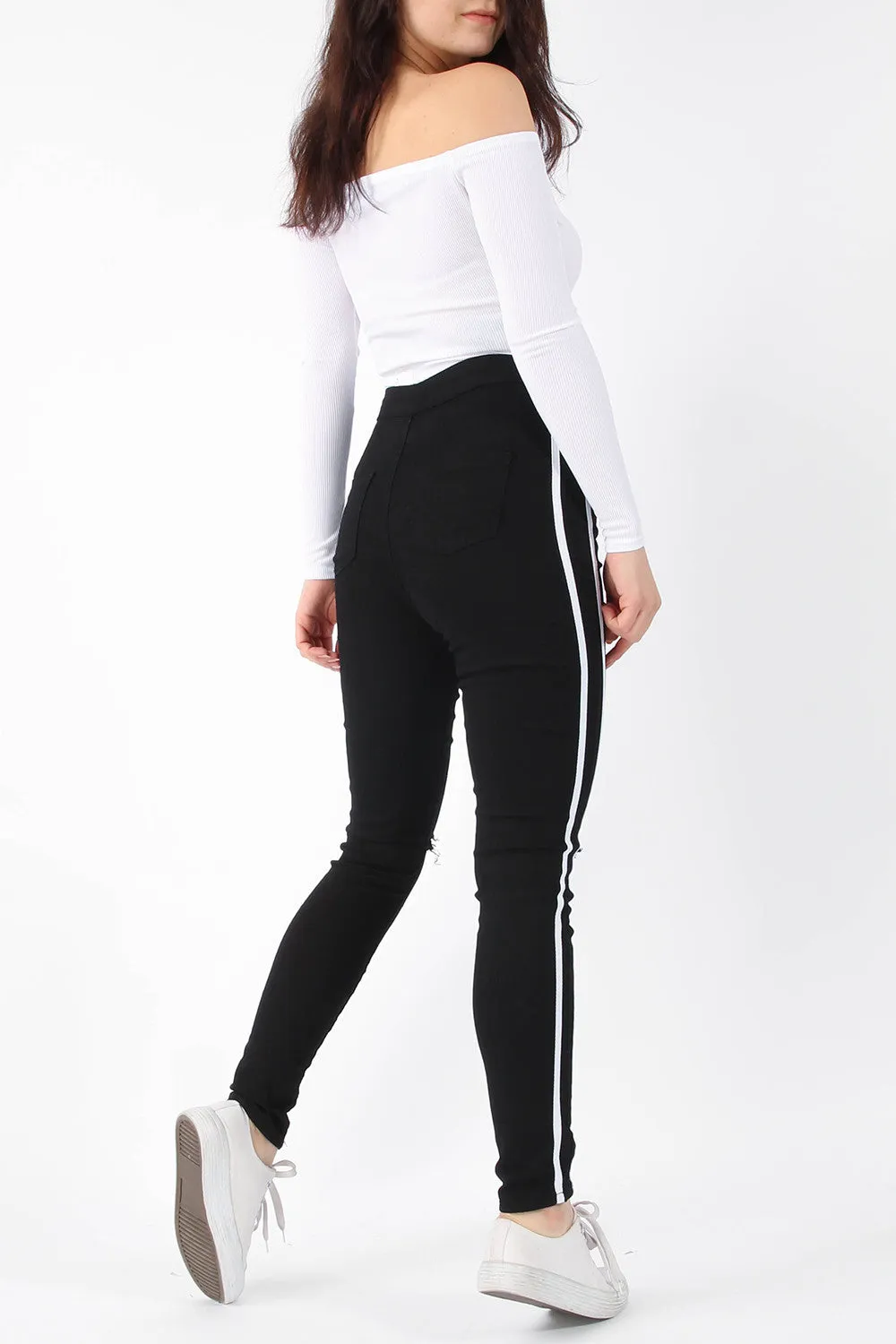 Ripped Knee White Stripe Skinny Jeans