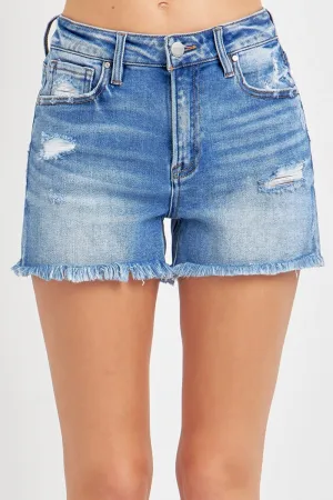 RISEN Full Size High Rise Distressed Raw Hem Denim Shorts - Medium Wash