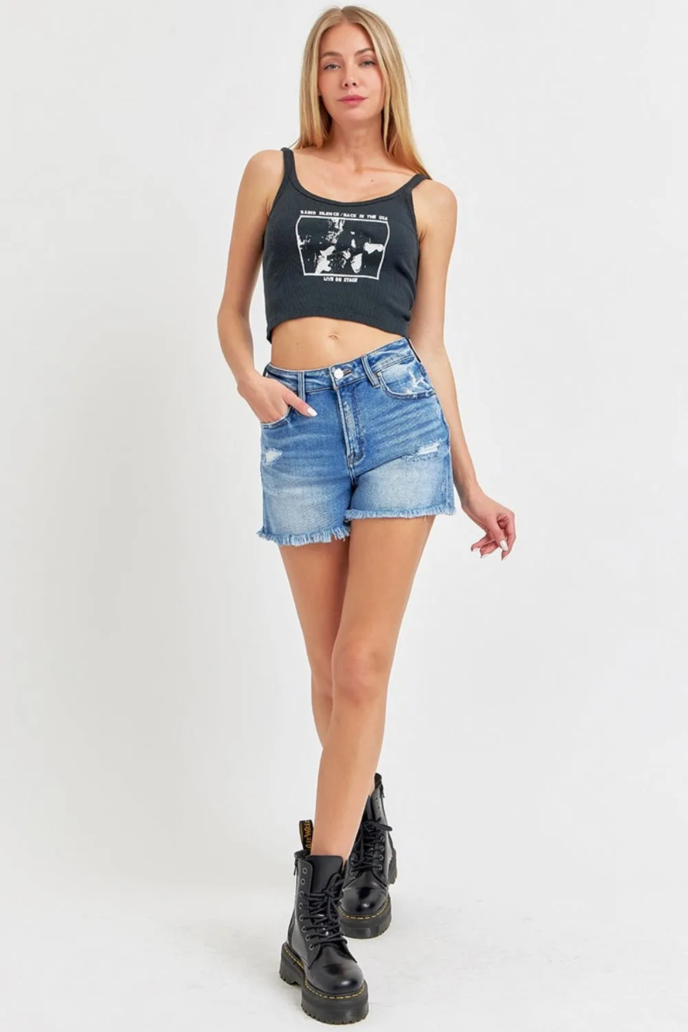 RISEN Full Size High Rise Distressed Raw Hem Denim Shorts - Medium Wash