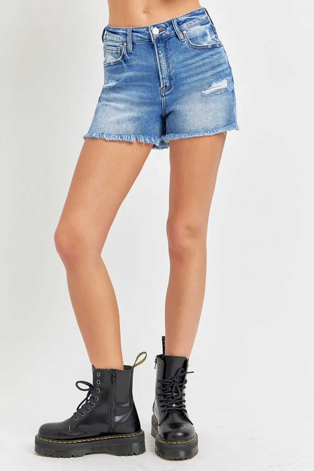 RISEN Full Size High Rise Distressed Raw Hem Denim Shorts - Medium Wash