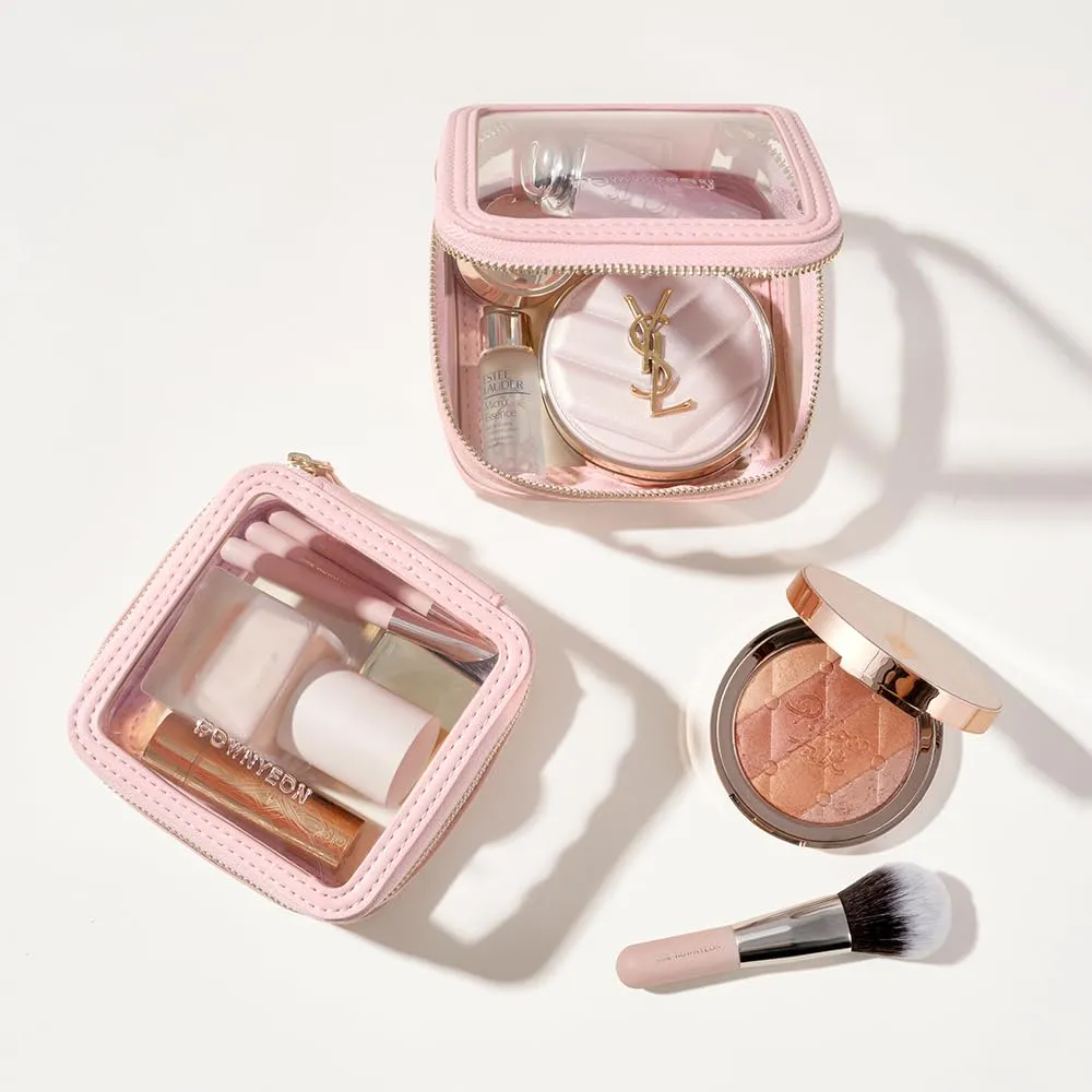Rownyeon Clear Cosmetic Bag Mini Makeup Bag Cute Clear Make Up Organizer Case Travel Toiletry Bag Small Pouches for Women with Zipper (Pink, Mini)