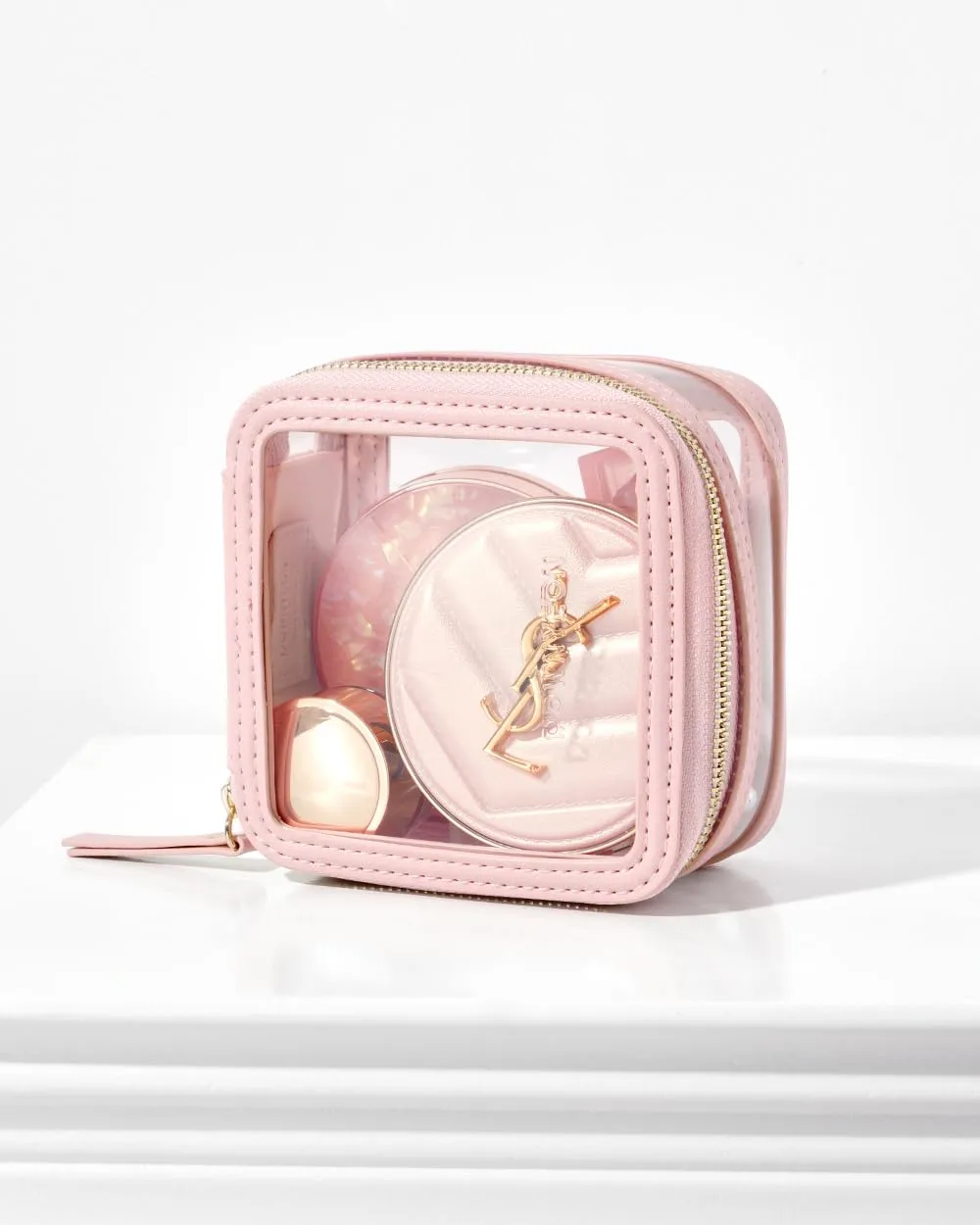 Rownyeon Clear Cosmetic Bag Mini Makeup Bag Cute Clear Make Up Organizer Case Travel Toiletry Bag Small Pouches for Women with Zipper (Pink, Mini)