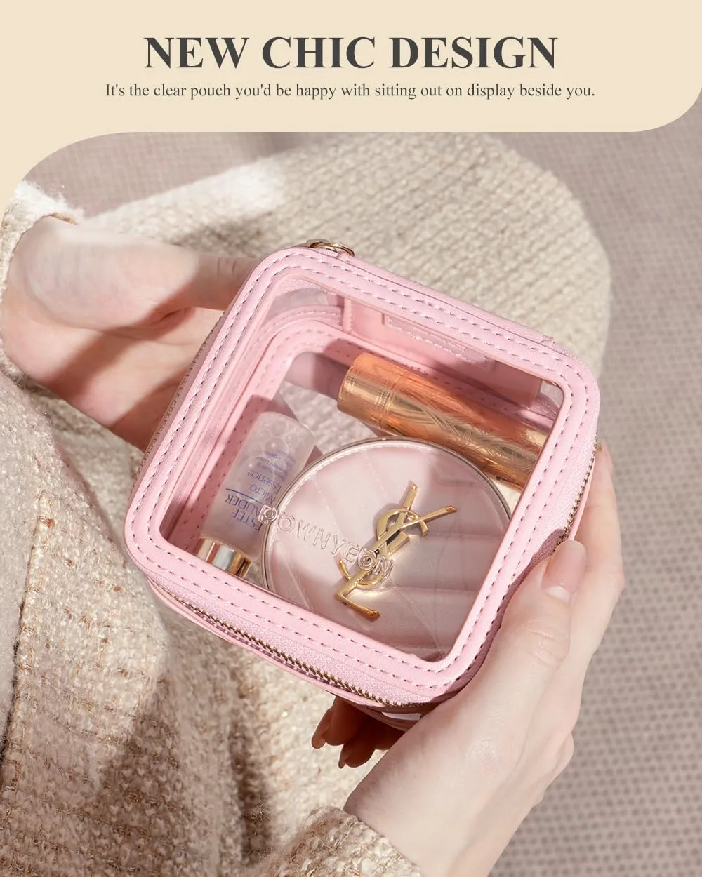 Rownyeon Clear Cosmetic Bag Mini Makeup Bag Cute Clear Make Up Organizer Case Travel Toiletry Bag Small Pouches for Women with Zipper (Pink, Mini)