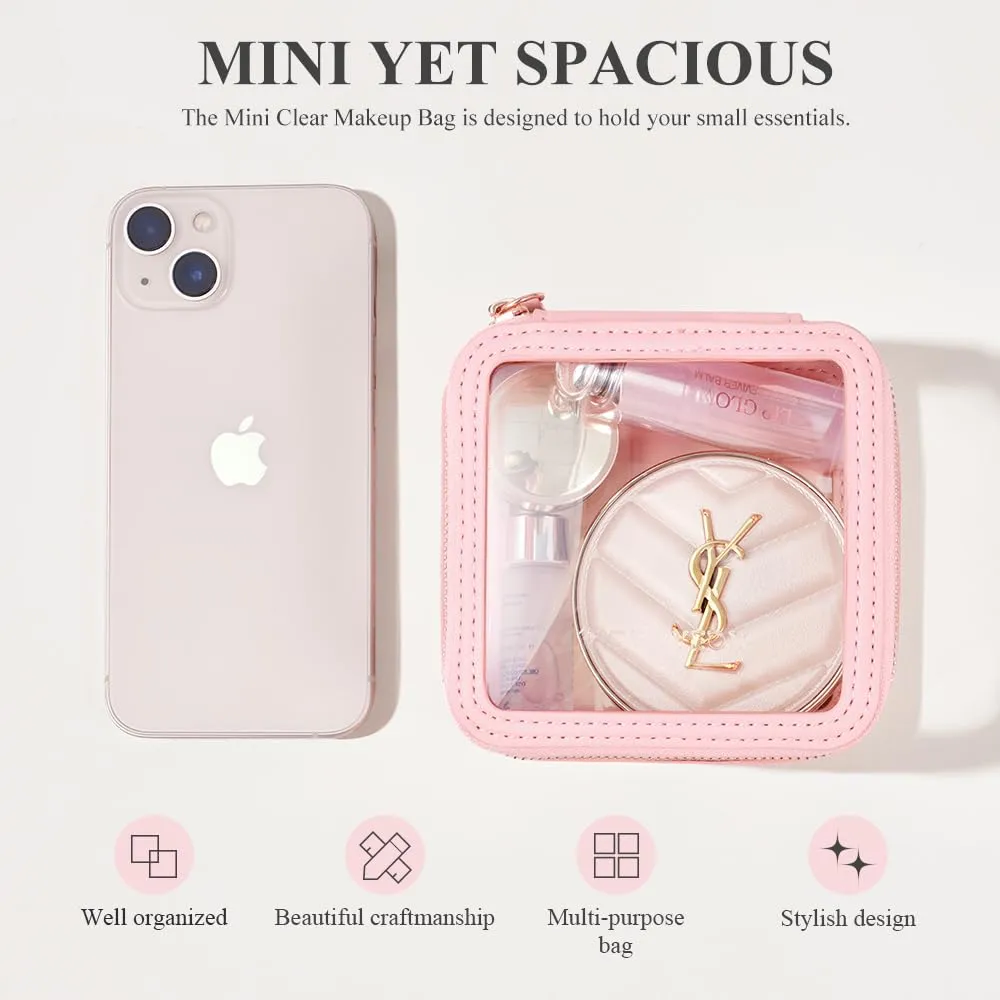 Rownyeon Clear Cosmetic Bag Mini Makeup Bag Cute Clear Make Up Organizer Case Travel Toiletry Bag Small Pouches for Women with Zipper (Pink, Mini)