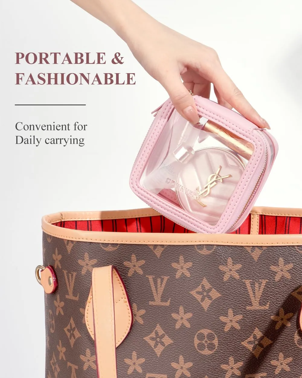Rownyeon Clear Cosmetic Bag Mini Makeup Bag Cute Clear Make Up Organizer Case Travel Toiletry Bag Small Pouches for Women with Zipper (Pink, Mini)