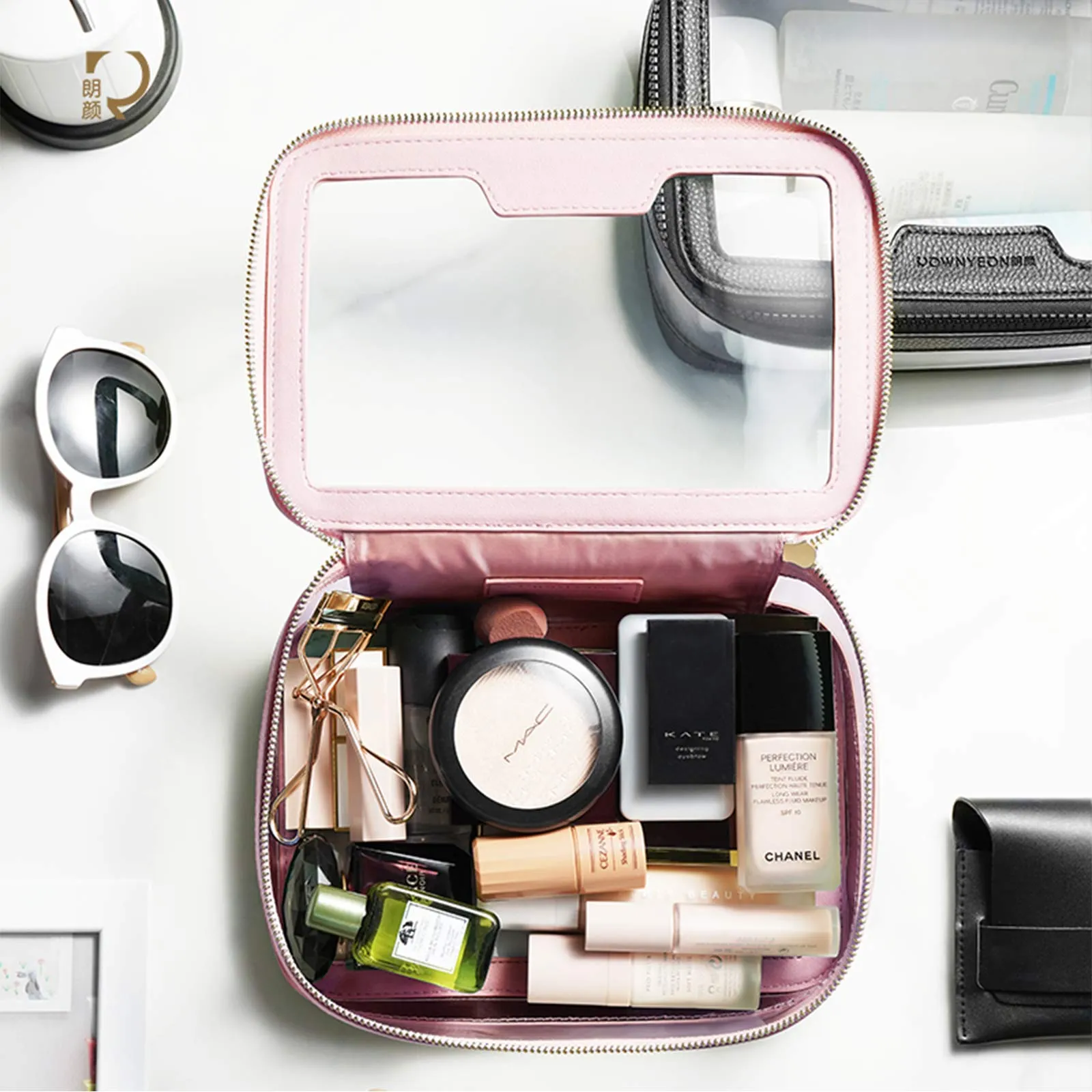 Rownyeon Clear Makeup Case Toiletry Bag Multipurpose Travel Makeup Train Case Portable Cosmetic Organizer Transparent Storage Bag Pink