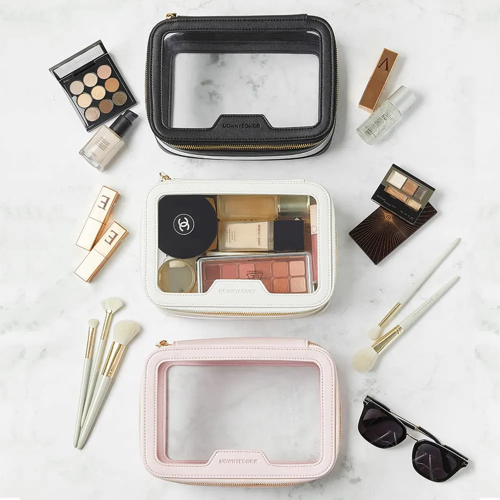 Rownyeon Clear Makeup Case Toiletry Bag Multipurpose Travel Makeup Train Case Portable Cosmetic Organizer Transparent Storage Bag Pink
