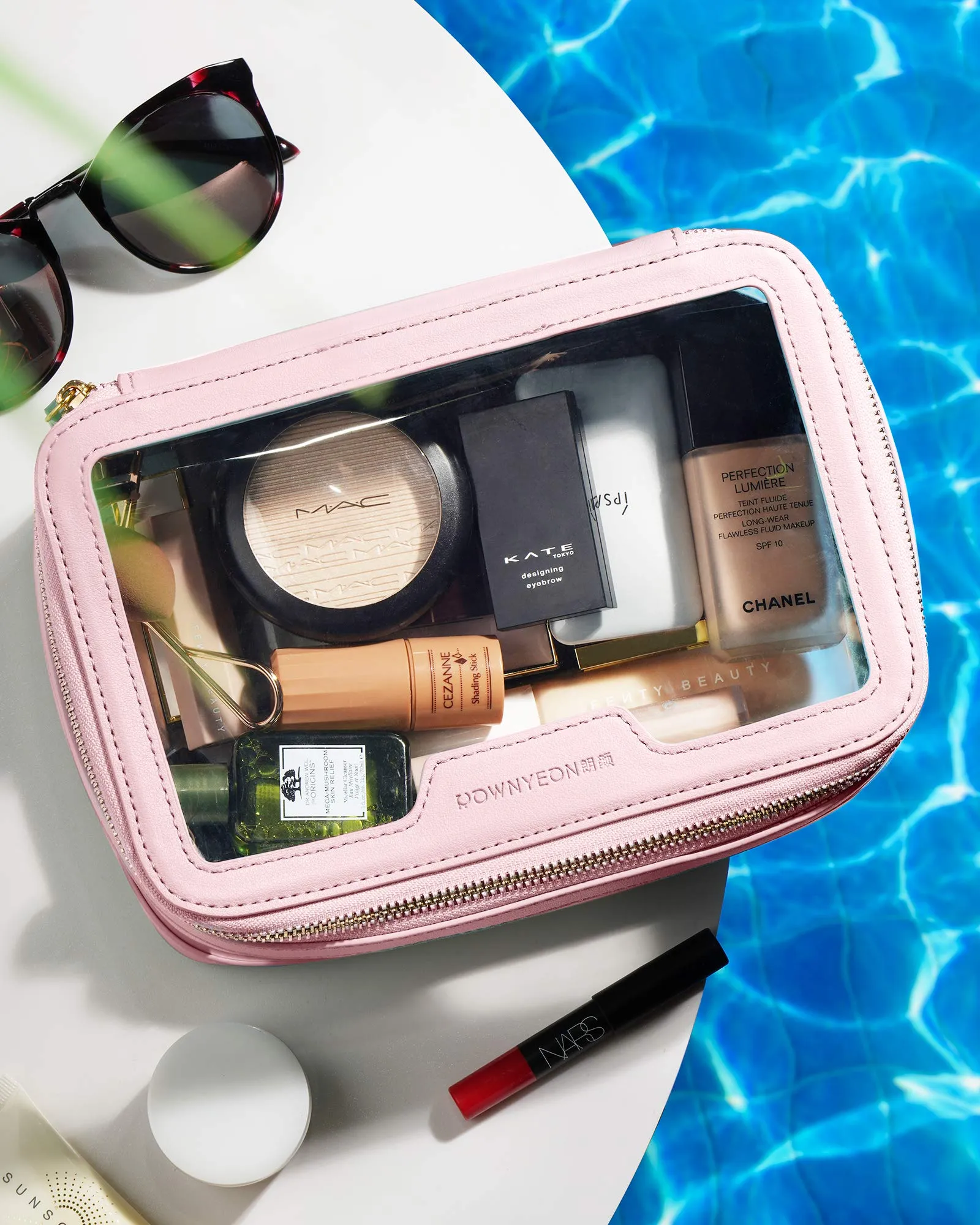 Rownyeon Clear Makeup Case Toiletry Bag Multipurpose Travel Makeup Train Case Portable Cosmetic Organizer Transparent Storage Bag Pink