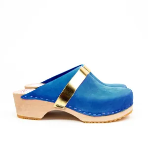 Royal Blue & Gold Wood Handmade Clogs With Gold Strap (Pre-Order)