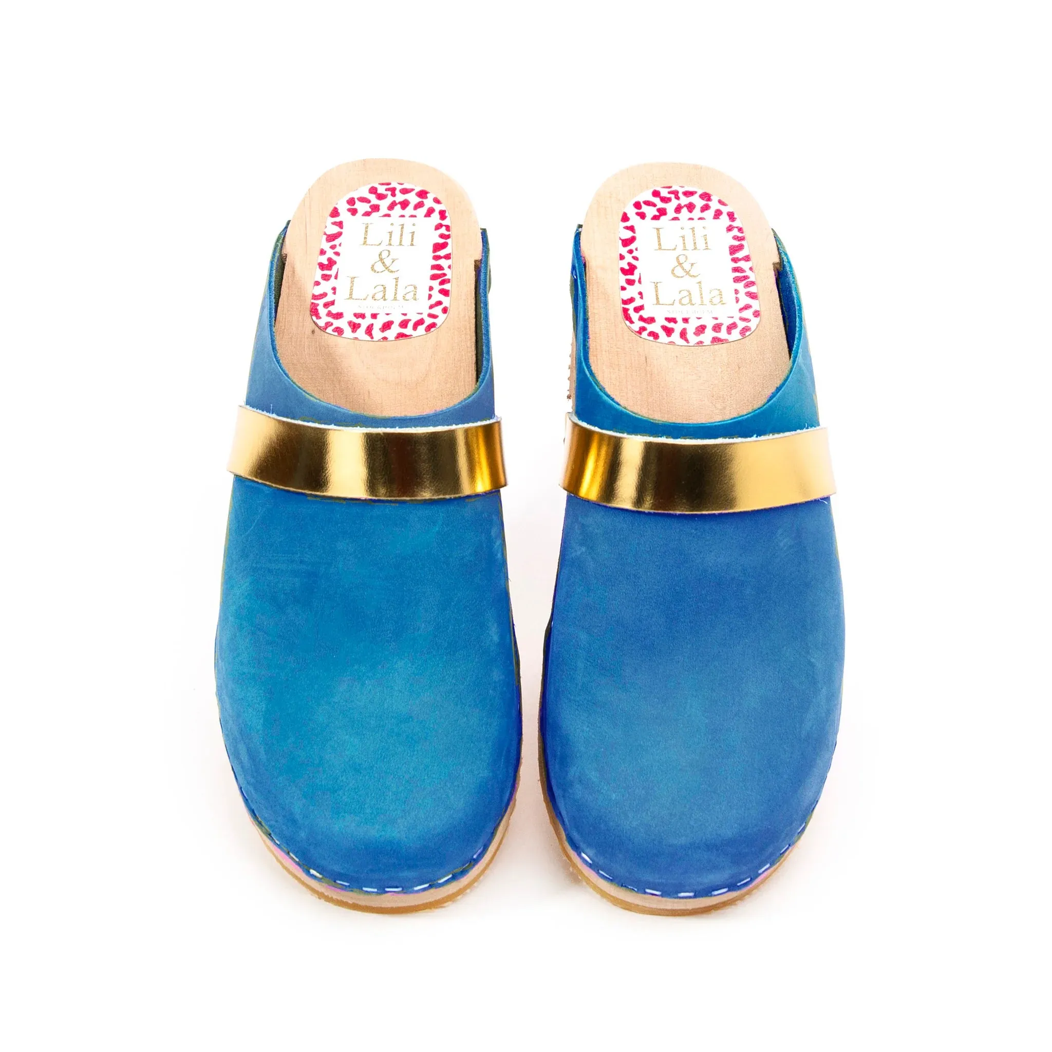 Royal Blue & Gold Wood Handmade Clogs With Gold Strap (Pre-Order)