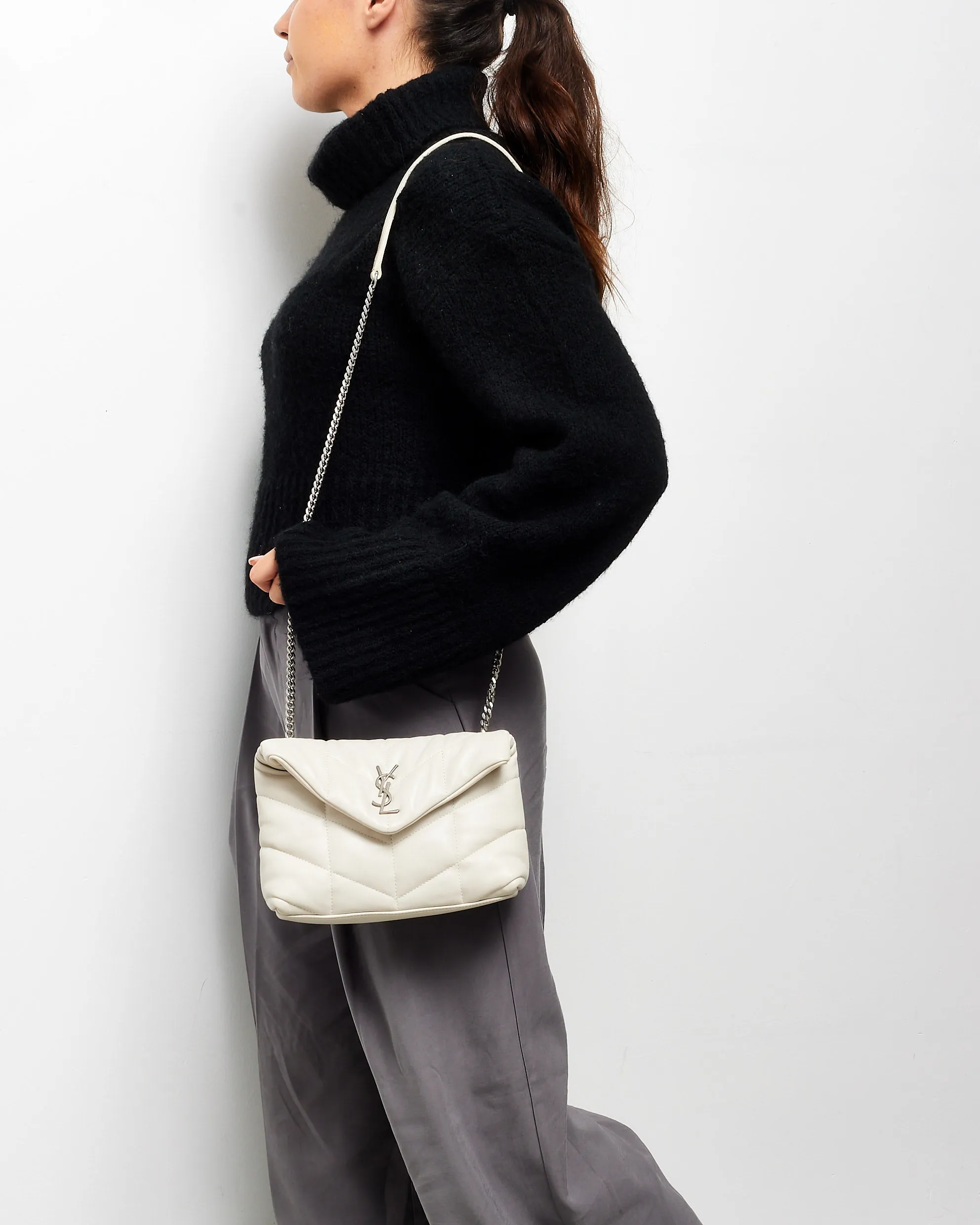 Saint Laurent Ivory White Leather Toy Puffer Crossbody Bag