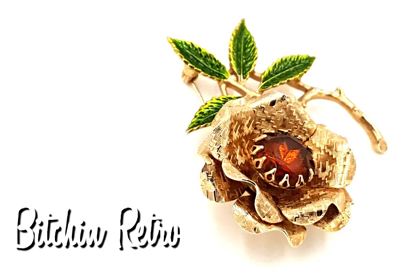 Sarah Coventry Vintage Floral Brooch with Large Amber Rhinestone