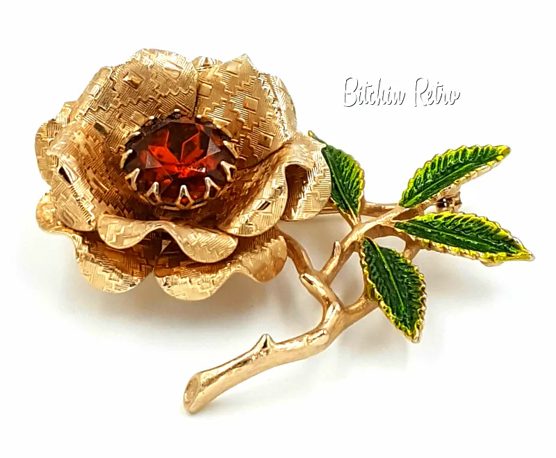 Sarah Coventry Vintage Floral Brooch with Large Amber Rhinestone
