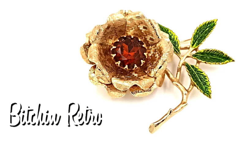 Sarah Coventry Vintage Floral Brooch with Large Amber Rhinestone