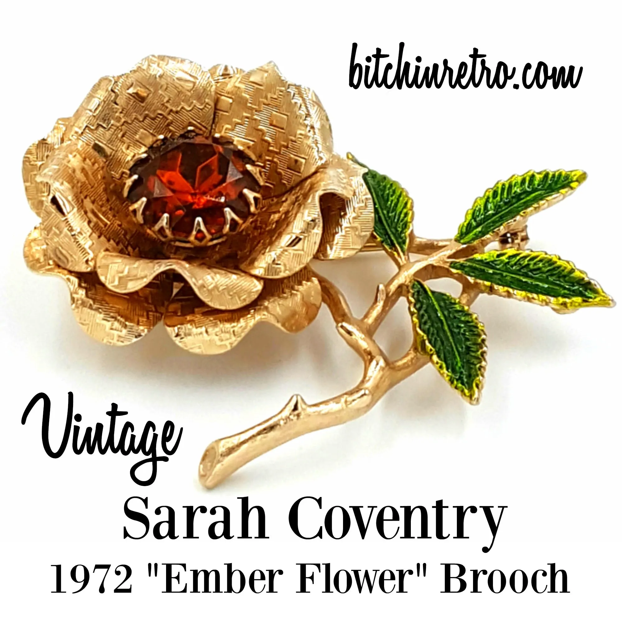 Sarah Coventry Vintage Floral Brooch with Large Amber Rhinestone
