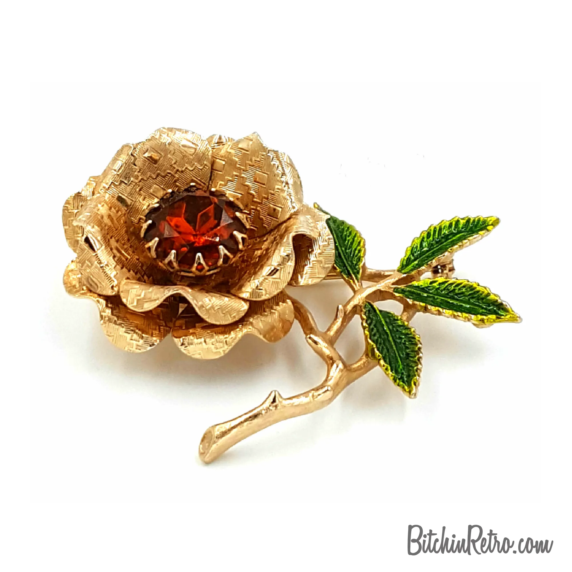 Sarah Coventry Vintage Floral Brooch with Large Amber Rhinestone