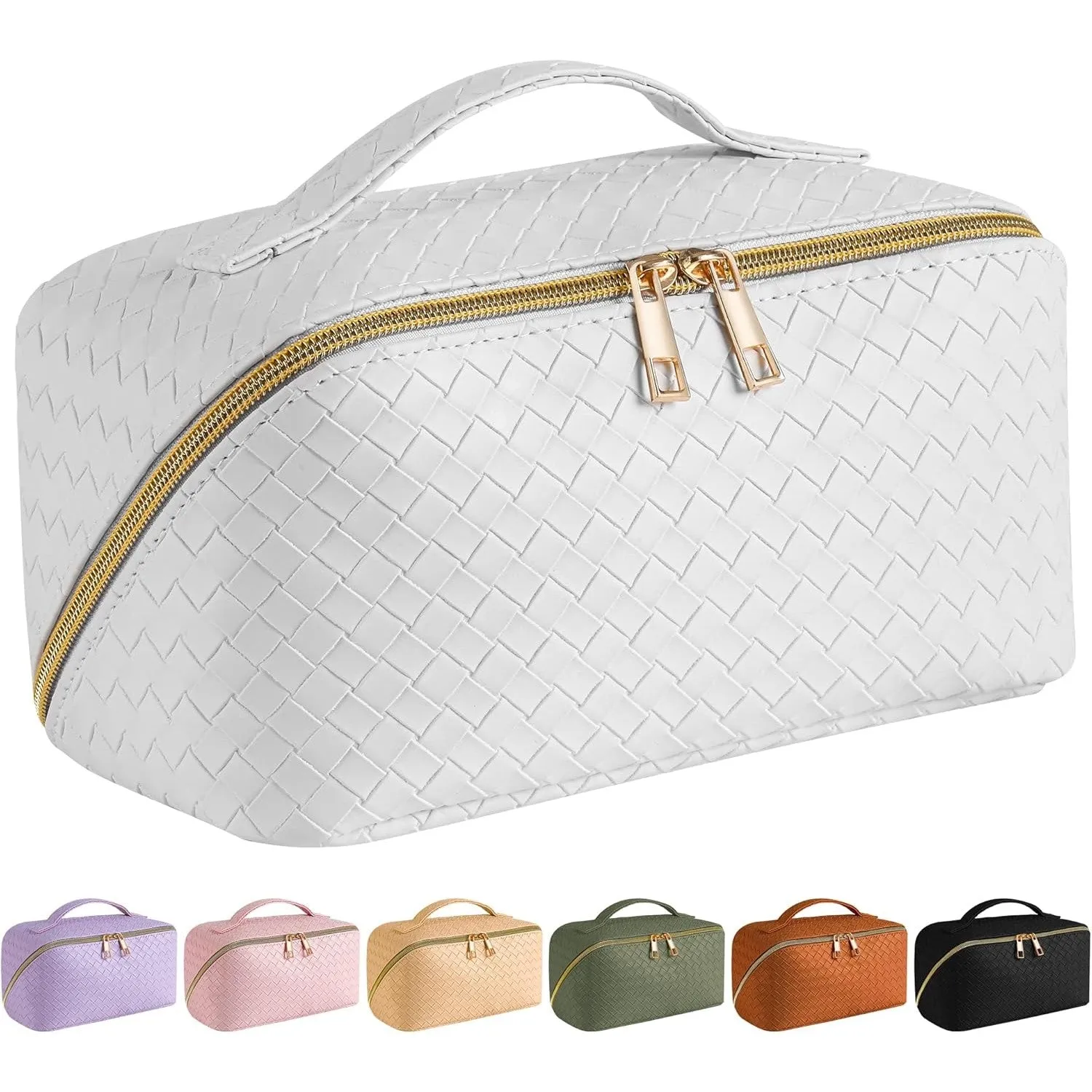 SFXULIX Large Capacity Travel Cosmetic Bag - Makeup Bag, PU Leather Waterproof Cosmetic Bag, Women Portable Travel Makeup Bag With Handle and Divider Flat Lay Makeup Organizer Bag
