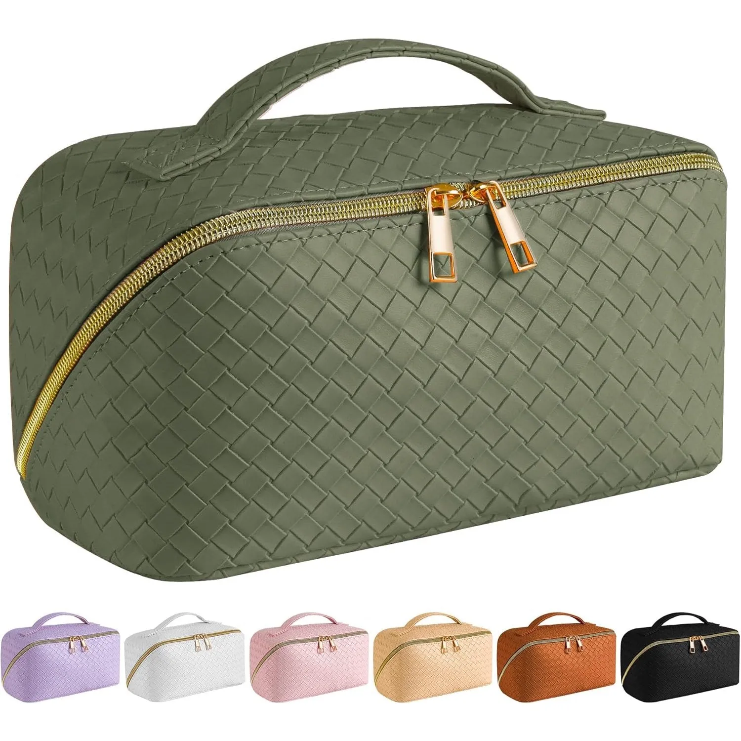 SFXULIX Large Capacity Travel Cosmetic Bag - Makeup Bag, PU Leather Waterproof Cosmetic Bag, Women Portable Travel Makeup Bag With Handle and Divider Flat Lay Makeup Organizer Bag