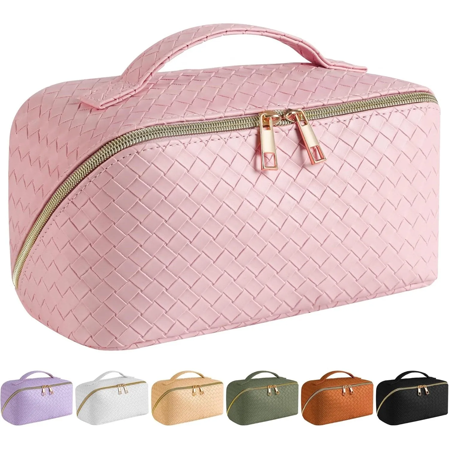 SFXULIX Large Capacity Travel Cosmetic Bag - Makeup Bag, PU Leather Waterproof Cosmetic Bag, Women Portable Travel Makeup Bag With Handle and Divider Flat Lay Makeup Organizer Bag