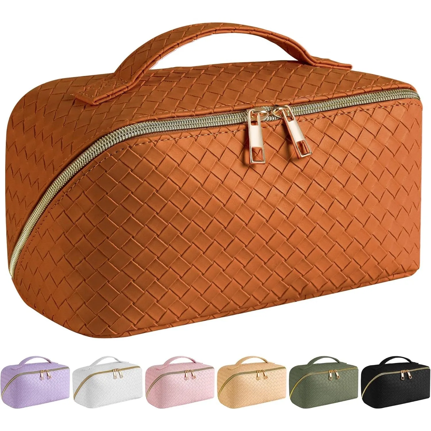 SFXULIX Large Capacity Travel Cosmetic Bag - Makeup Bag, PU Leather Waterproof Cosmetic Bag, Women Portable Travel Makeup Bag With Handle and Divider Flat Lay Makeup Organizer Bag
