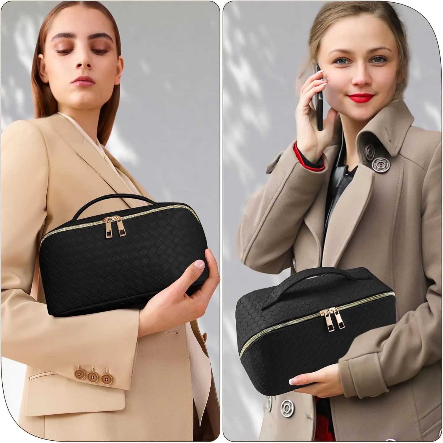 SFXULIX Large Capacity Travel Cosmetic Bag - Makeup Bag, PU Leather Waterproof Cosmetic Bag, Women Portable Travel Makeup Bag With Handle and Divider Flat Lay Makeup Organizer Bag