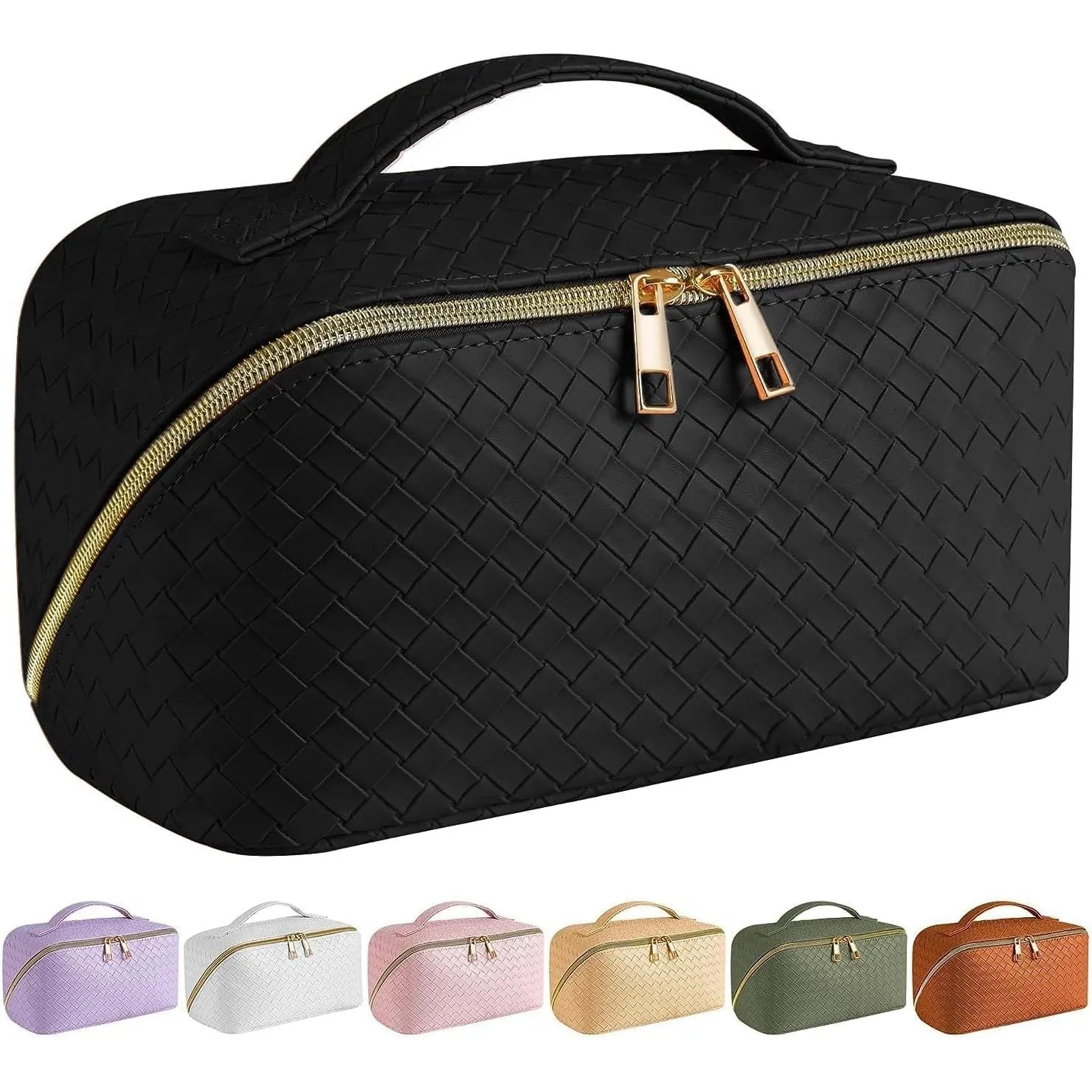 SFXULIX Large Capacity Travel Cosmetic Bag - Makeup Bag, PU Leather Waterproof Cosmetic Bag, Women Portable Travel Makeup Bag With Handle and Divider Flat Lay Makeup Organizer Bag