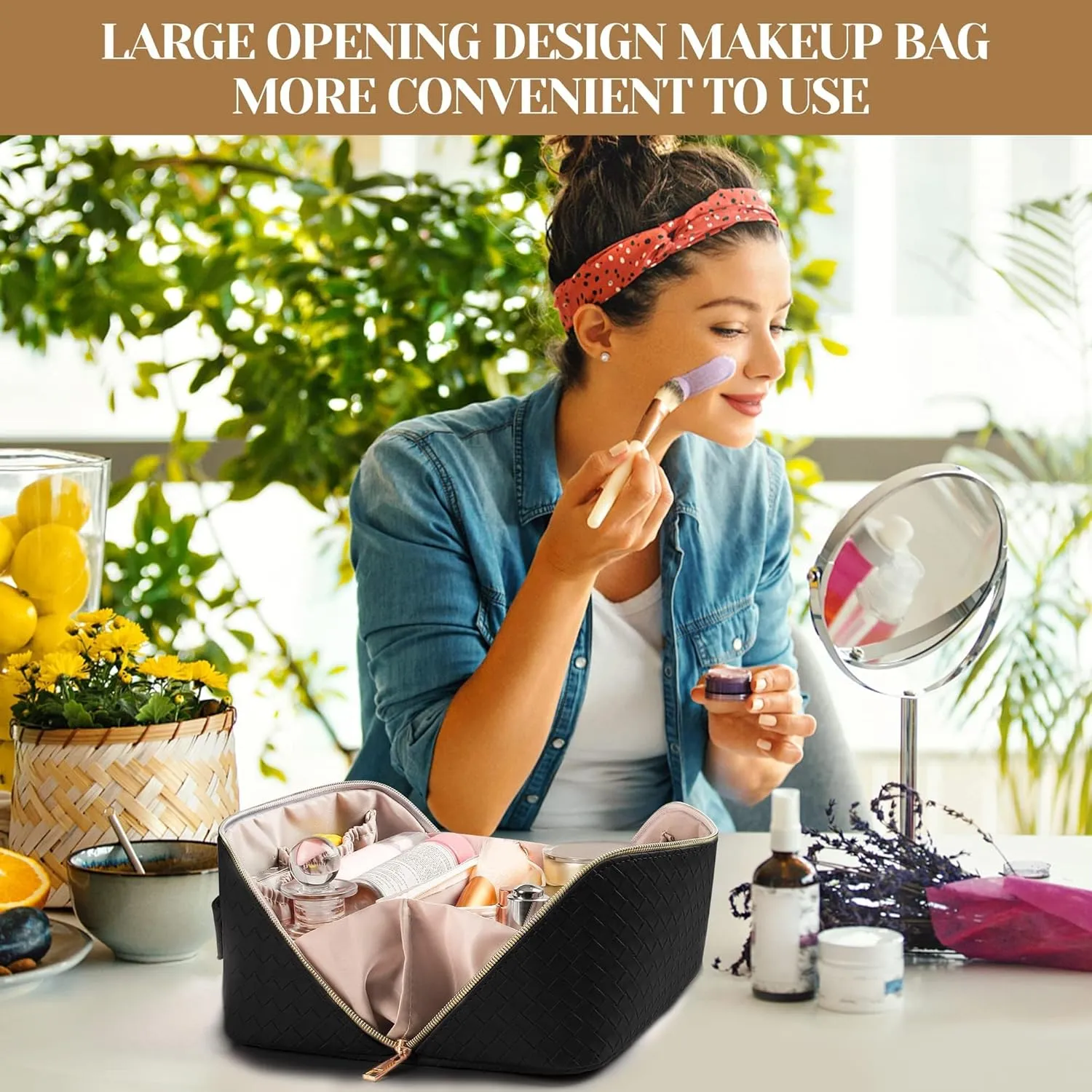 SFXULIX Large Capacity Travel Cosmetic Bag - Makeup Bag, PU Leather Waterproof Cosmetic Bag, Women Portable Travel Makeup Bag With Handle and Divider Flat Lay Makeup Organizer Bag