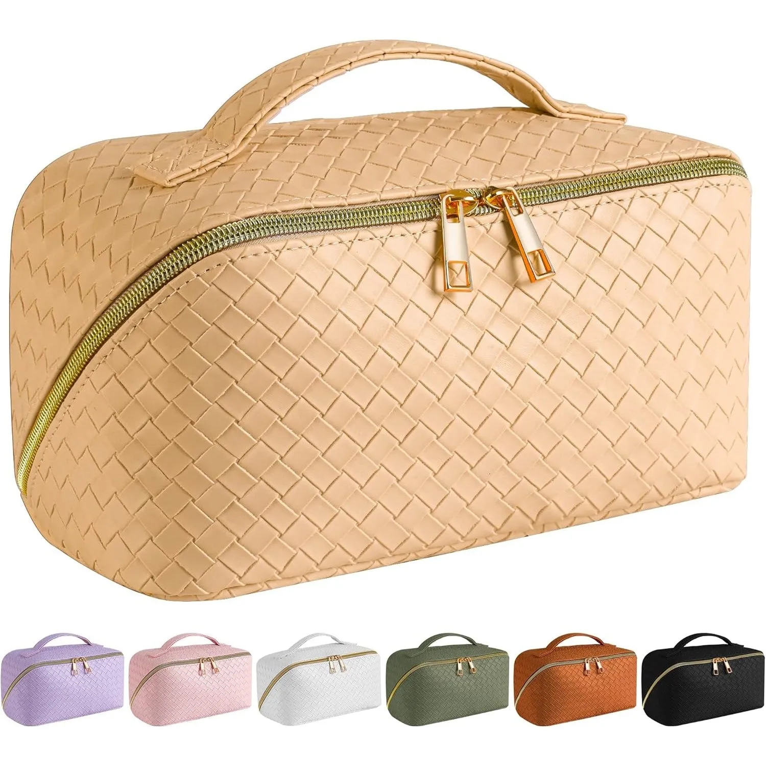 SFXULIX Large Capacity Travel Cosmetic Bag - Makeup Bag, PU Leather Waterproof Cosmetic Bag, Women Portable Travel Makeup Bag With Handle and Divider Flat Lay Makeup Organizer Bag