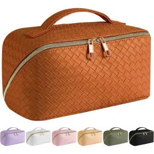 SFXULIX Large Capacity Travel Cosmetic Bag - Makeup Bag, PU Leather Waterproof Cosmetic Bag, Women Portable Travel Makeup Bag With Handle and Divider Flat Lay Makeup Organizer Bag