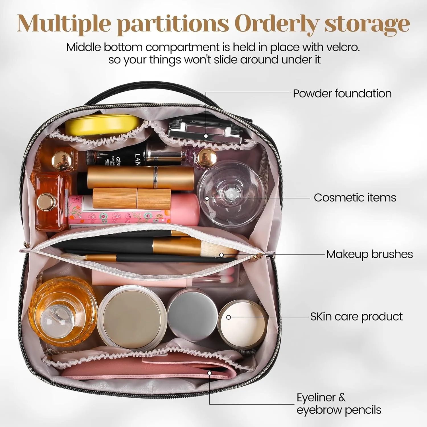 SFXULIX Large Capacity Travel Cosmetic Bag - Makeup Bag, PU Leather Waterproof Cosmetic Bag, Women Portable Travel Makeup Bag With Handle and Divider Flat Lay Makeup Organizer Bag