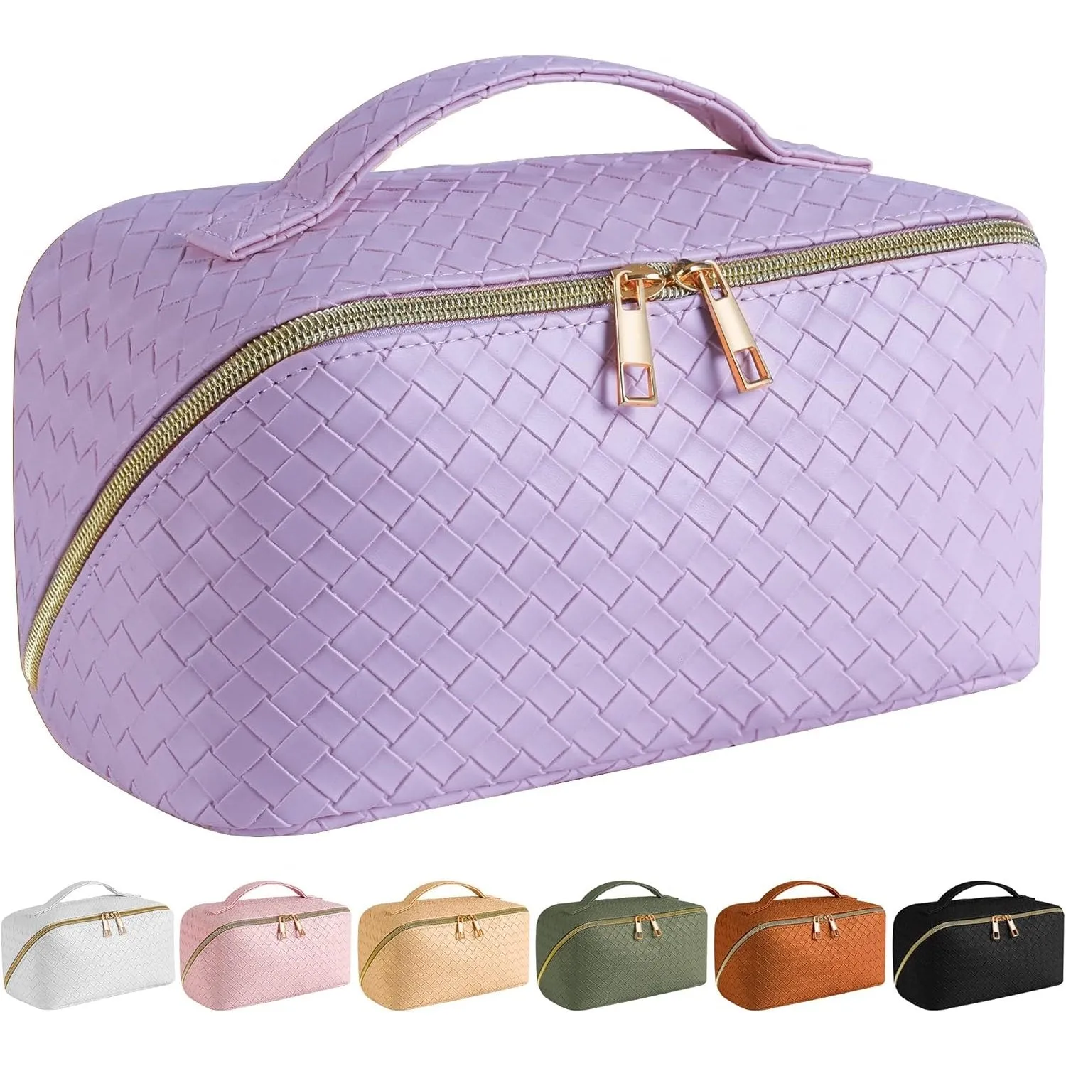 SFXULIX Large Capacity Travel Cosmetic Bag - Makeup Bag, PU Leather Waterproof Cosmetic Bag, Women Portable Travel Makeup Bag With Handle and Divider Flat Lay Makeup Organizer Bag