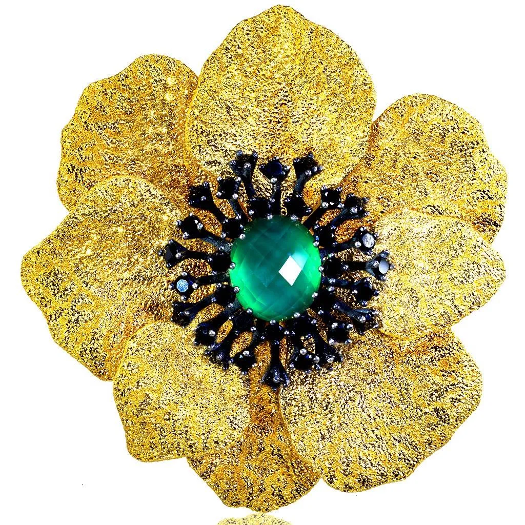 Silver Coronaria Brooch/Pendant with Green Agate Quartz