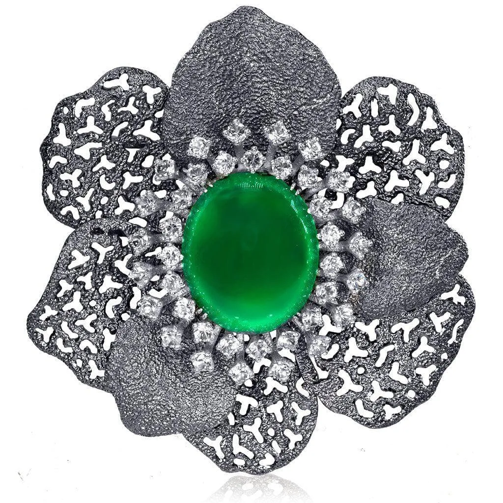 Silver Coronaria Brooch/Pendant with Green Agate, Topaz
