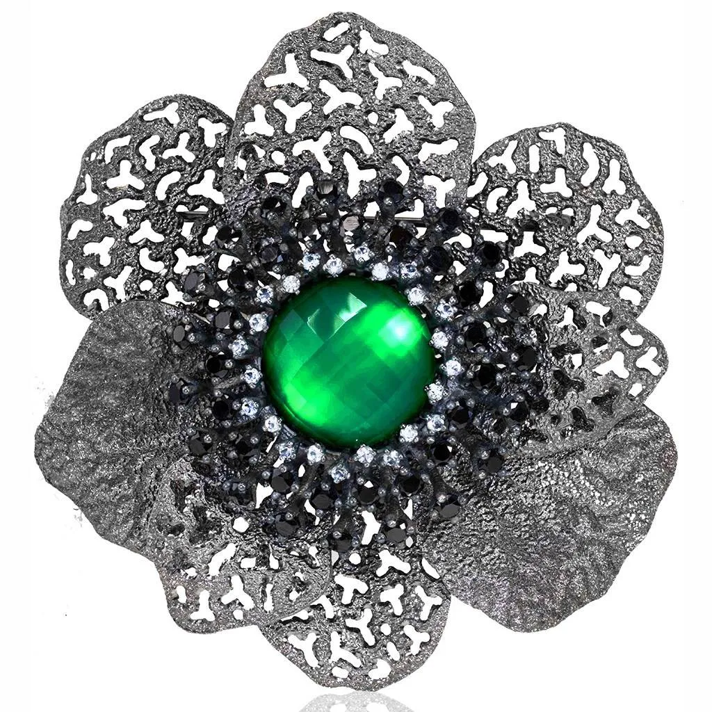 Silver Coronaria Brooch/Pendant with Round Green Agate