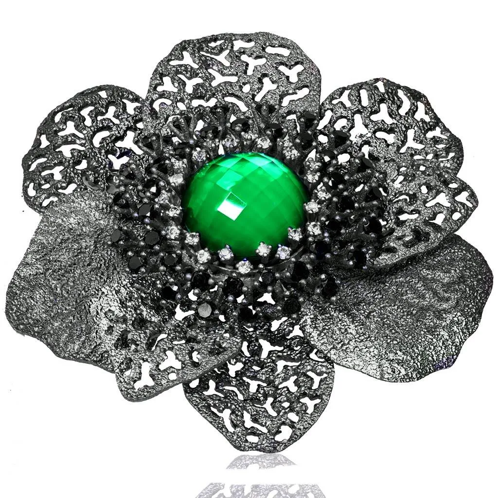 Silver Coronaria Brooch/Pendant with Round Green Agate