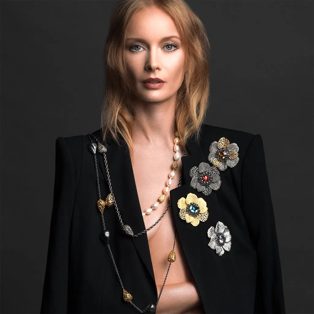 Silver Coronaria Brooch/Pendant with Topaz & Spinel