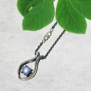 Silver fish shape necklace and cabochon star blue sapphire at the center with aquamarine beads secondary on oxidized sterling silver chain
