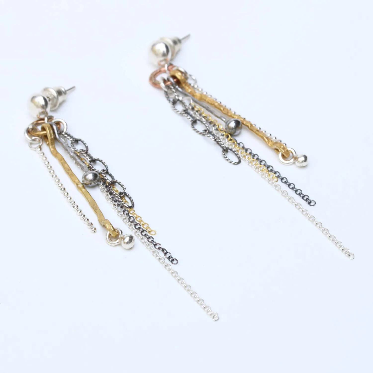 Silver post earrings with copper circle and silver chain set
