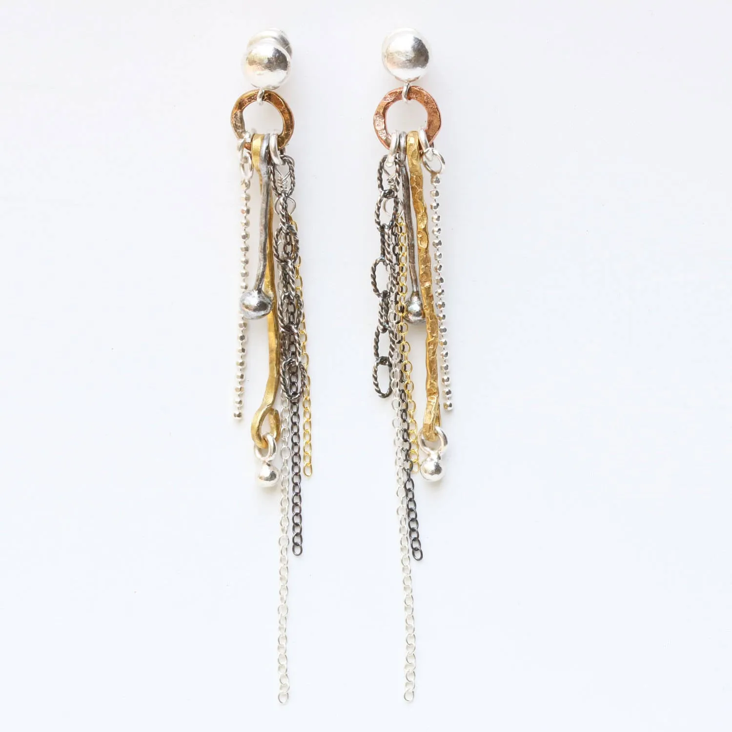 Silver post earrings with copper circle and silver chain set