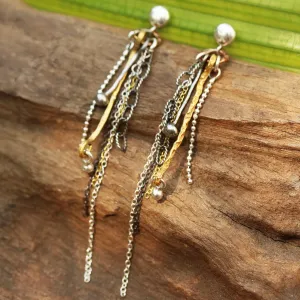 Silver post earrings with copper circle and silver chain set