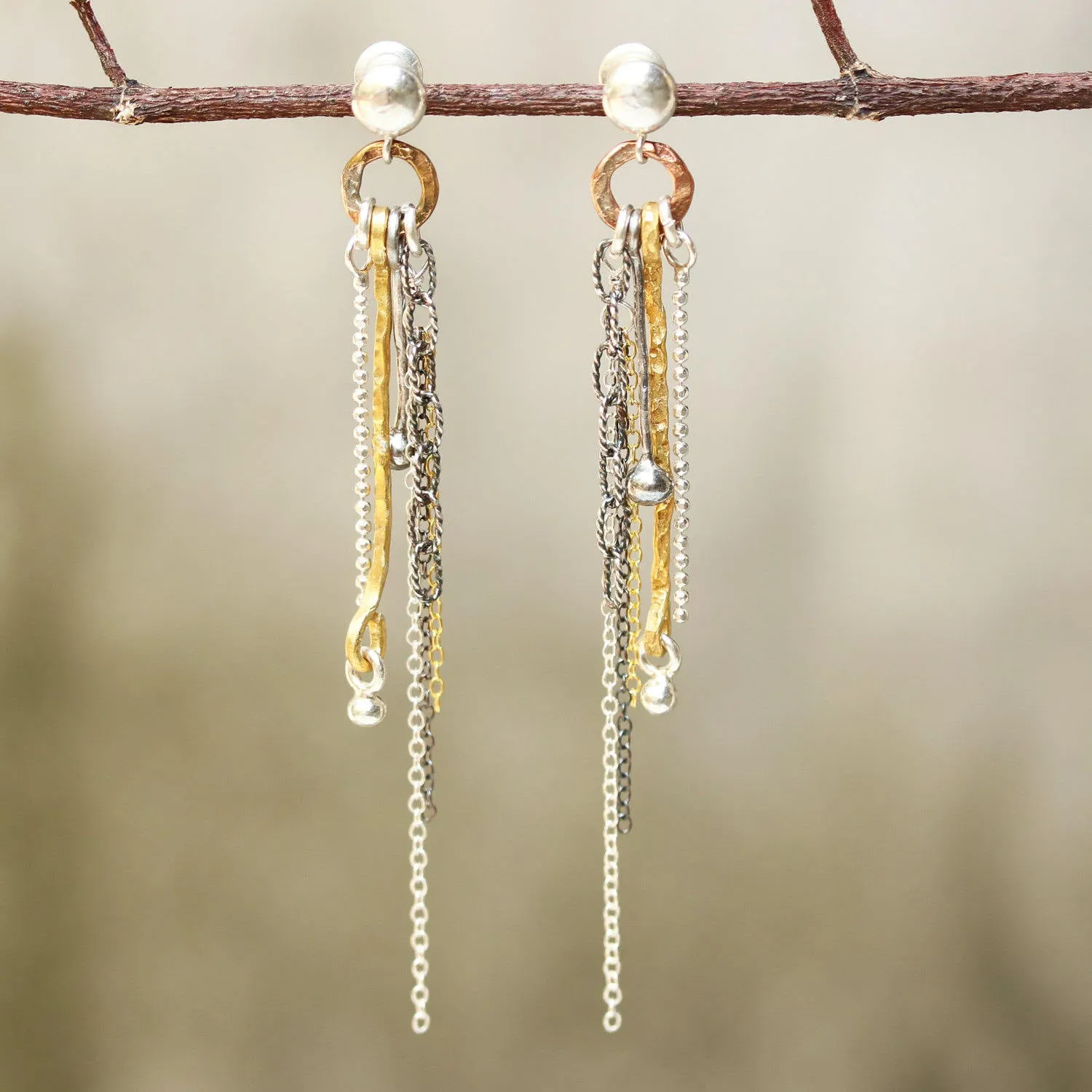 Silver post earrings with copper circle and silver chain set