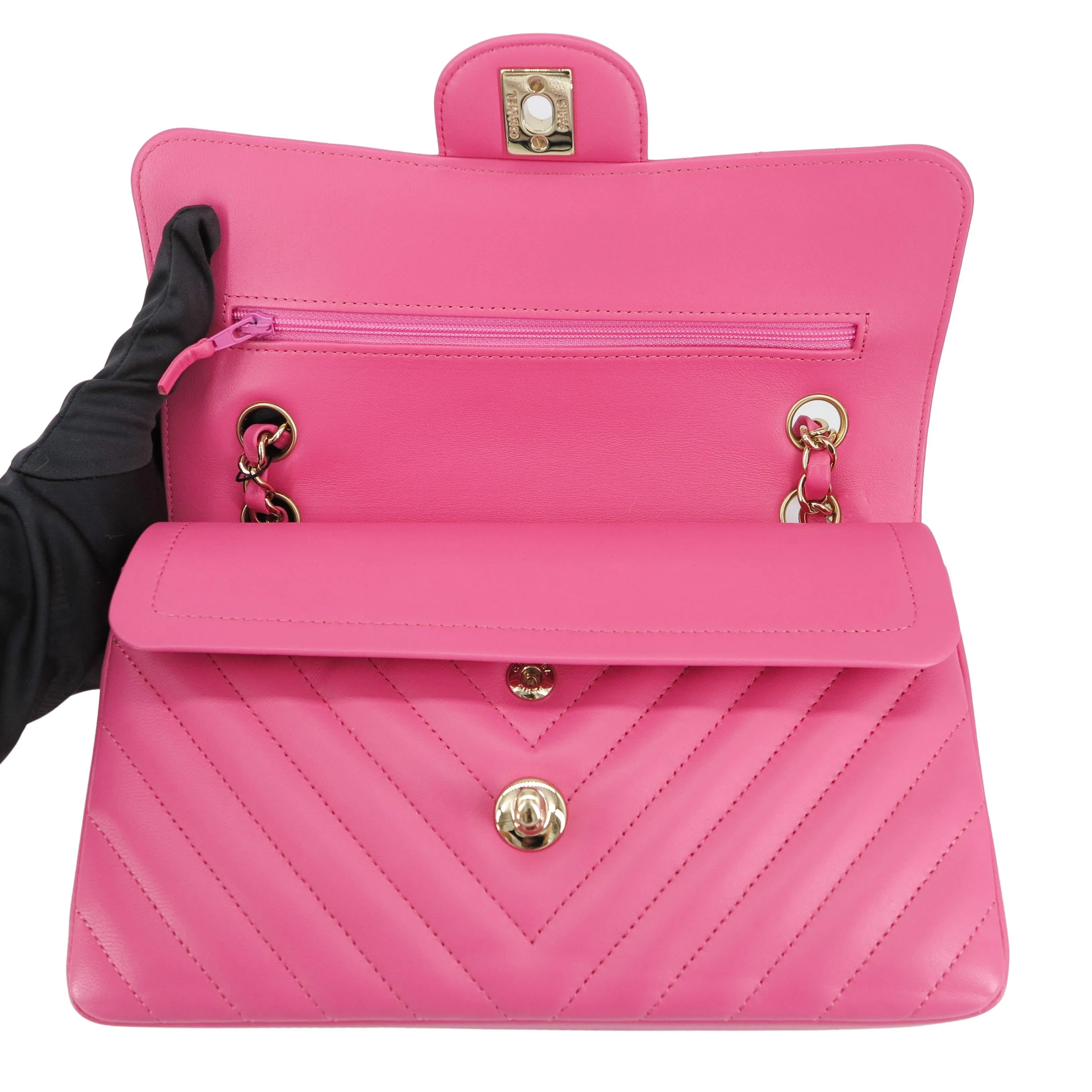 Small Chevron Classic Double Flap Bag in 19C Barbie Pink Lambskin