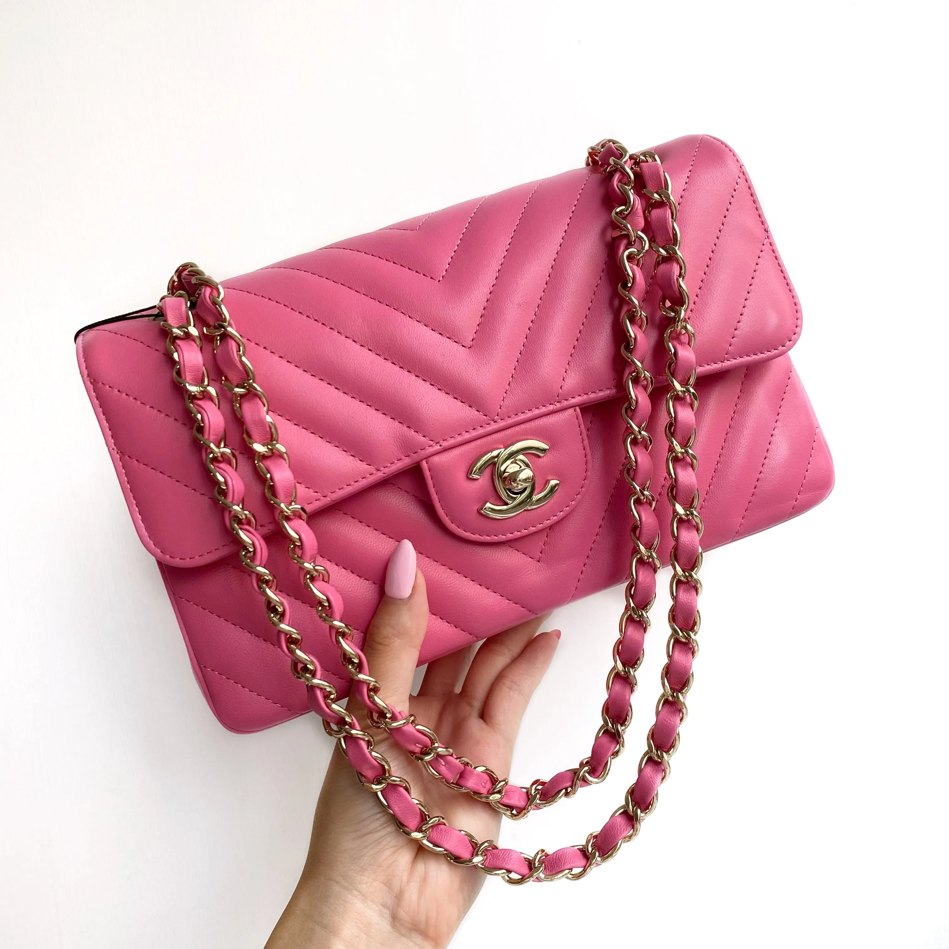 Small Chevron Classic Double Flap Bag in 19C Barbie Pink Lambskin