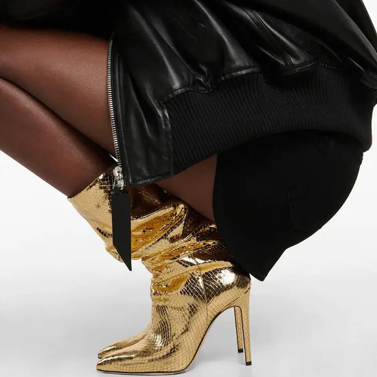 Snake Skin Wrinkle Stiletto Heel Boots